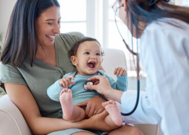 Mother,,Baby,And,Stethoscope,Of,Pediatrician,For,Healthcare,Consulting,,Check