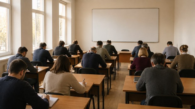 Взрослые слушатели за партами в светлом классе